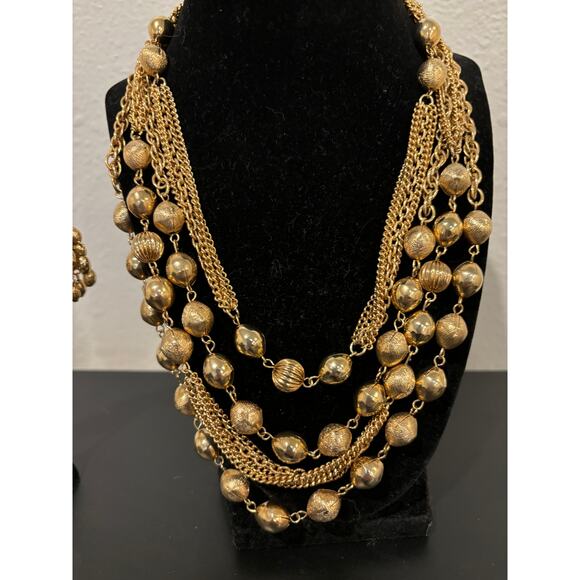 Vintage 60's Chunky Gold Tone Necklace Earrings Set Runway Bold Multi Chains - Picture 3 of 9